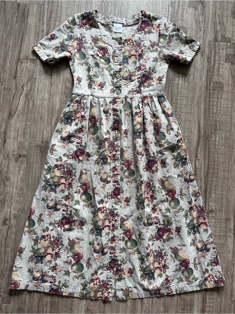 vintage Kettle Creek linen cotton blend floral fruit dress button down front